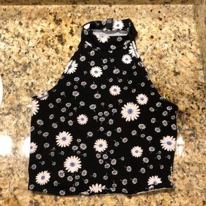 Forever 21 Mock Neck Blue & Black Floral Crop Tank